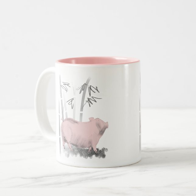 Original Drawing Pig and Bamboos 2-tone Mug (Front Left)