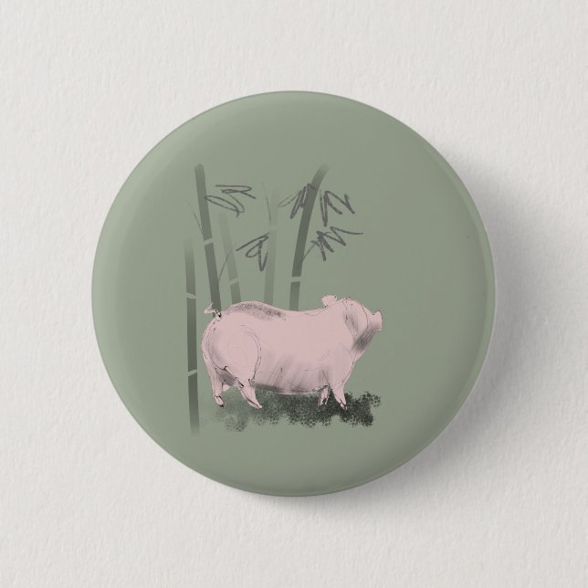 Original Drawing Pig and Bamboos Round Button (Front)