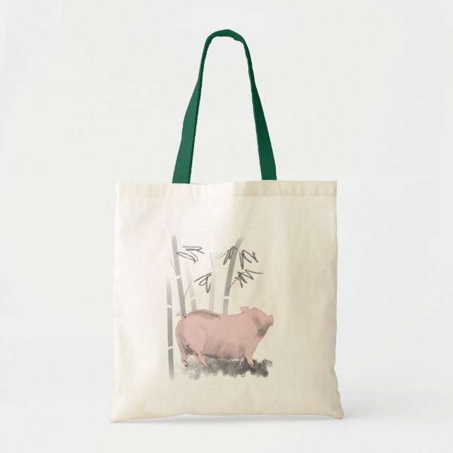 Original Drawing Pig and Bamboos Tote Bag (Front)