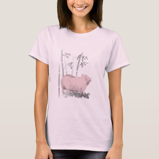 Original Drawing Pig and Bamboos Woman Pink Tee (Front)