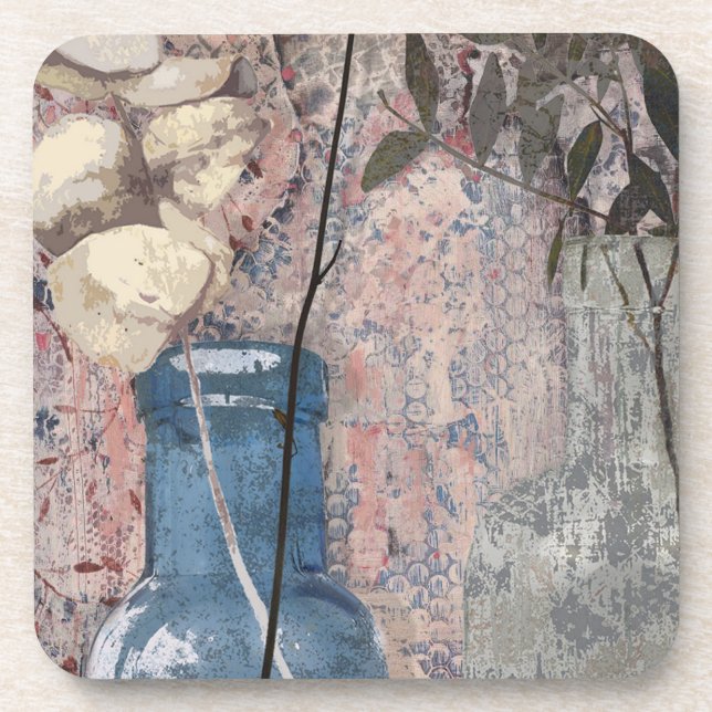 Original Fine Art Vintage bottles & Foliage Coaster (Front)