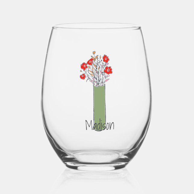 Original Fun Quirky Flower  Stemless Wine Glass (Front)