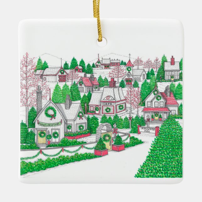 Original Hand Drawn Christmas Village Ornament (Front)