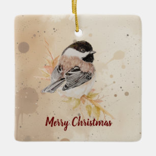 Original Hand painted Watercolor Chickadee Bird Ceramic Ornament