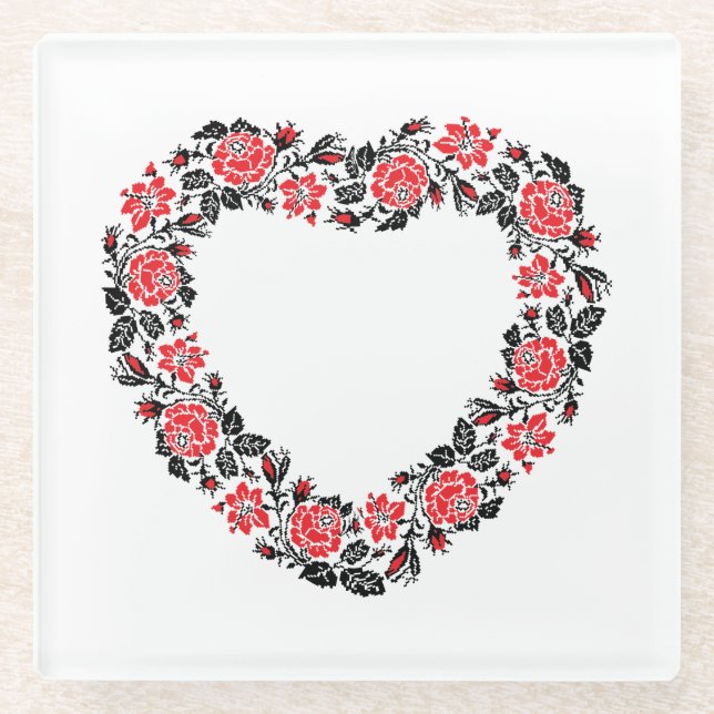Original Heart of cross-stitch red rose flowers Glass Coaster (Front)