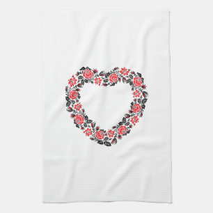Original Heart of cross-stitch red rose flowers Tea Towel