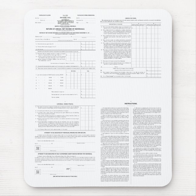 Original Income Tax Form 1040 from 1913 (4) Pages Mouse Mat (Front)