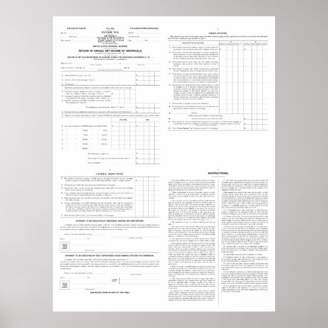 Original Income Tax Form 1040 from 1913 (4) Pages Poster (Front)