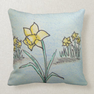 original ink and crayon sketch of yellow daffodils cushion