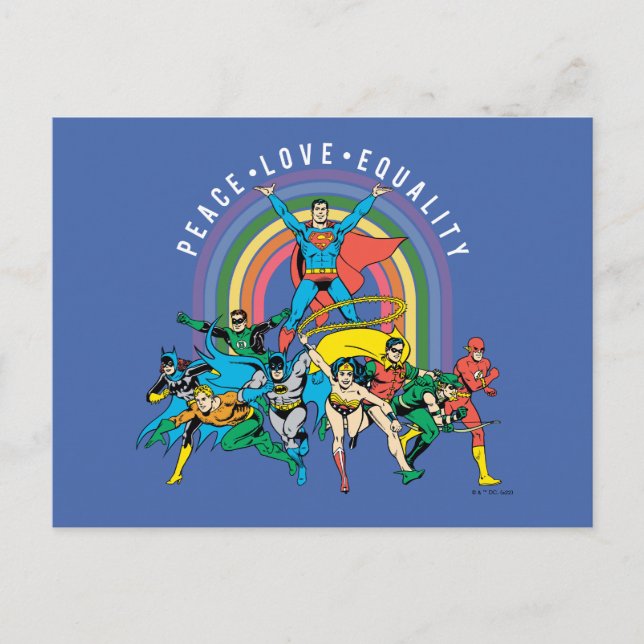 Original Justice League - Peace, Love, Equality Postcard (Front)