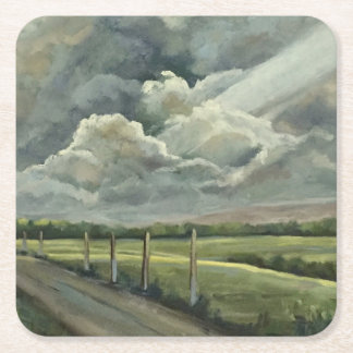 Original Oil Painting of Clouds, Sun, Field & Road Square Paper Coaster