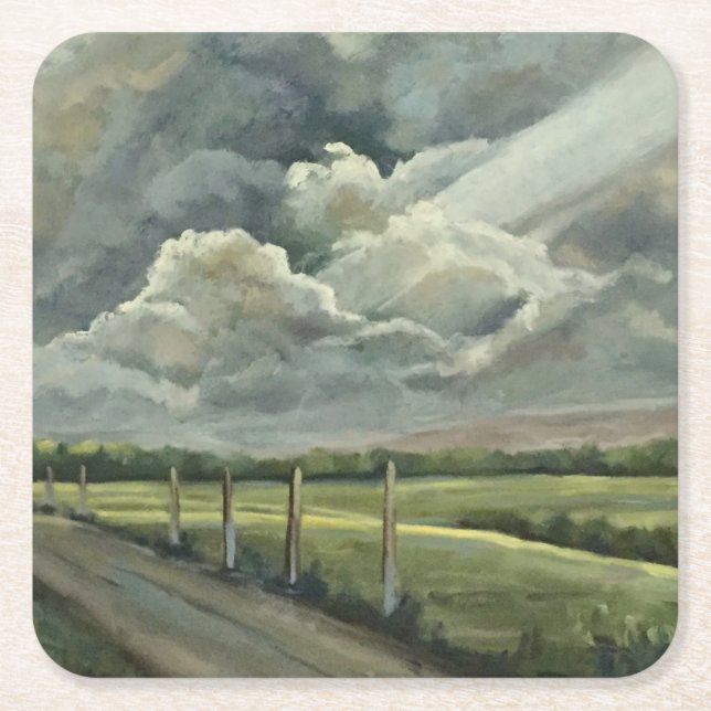 Original Oil Painting of Clouds, Sun, Field & Road Square Paper Coaster (Front)