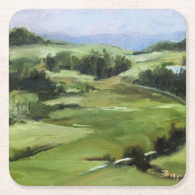 Original Oil Painting of Hilly Green Fields Square Paper Coaster (Front)