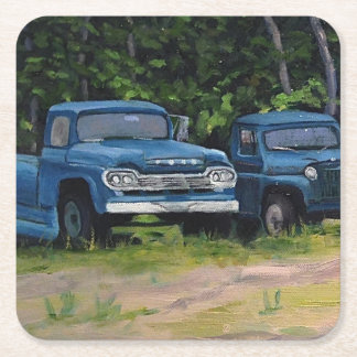 Original Oil Painting of Two Blue Vintage Trucks Square Paper Coaster