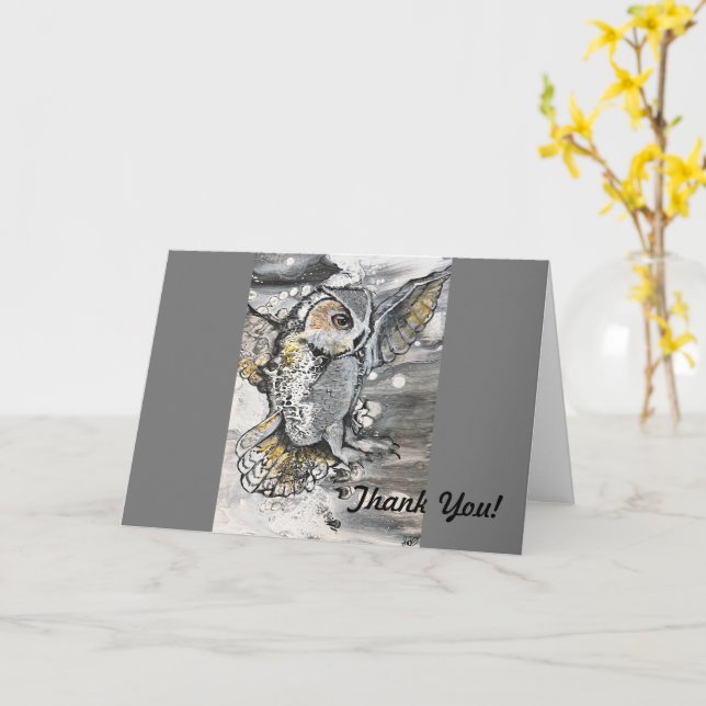 Original Owl Art Thank You Card- blank inside Card (Yellow Flower)