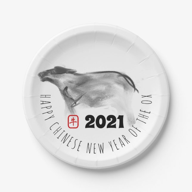 Original Painting OX Chinese New Year 2021 PP Paper Plate (Front)