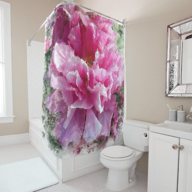*~* Original Painting Pink Peony Floral Flower AR1 Shower Curtain (In Situ)