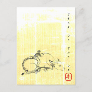 Original painting Water Buffalo Child Ox Year HpC Holiday Postcard