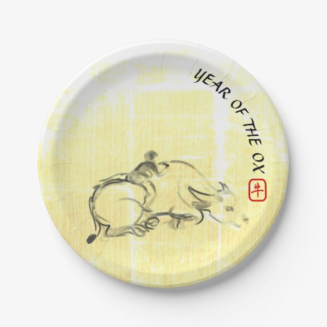 Original painting Water Buffalo Child Ox Year PP Paper Plate (Front)