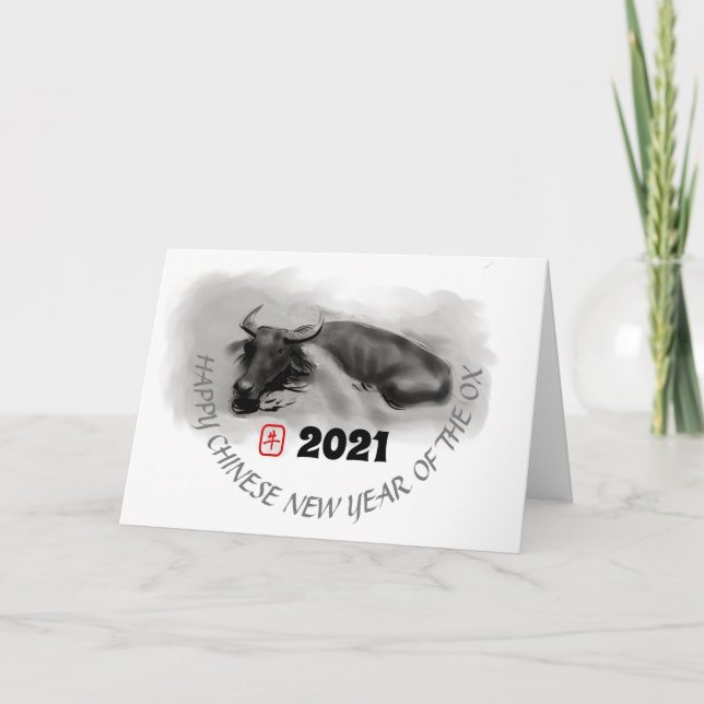 Original Painting Water Buffalo Ox New Year GC Holiday Card (Front)