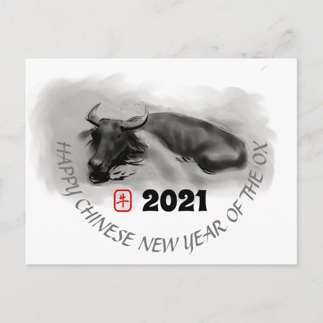 Original Painting Water Buffalo Ox New Year HPostC Holiday Postcard (Front)