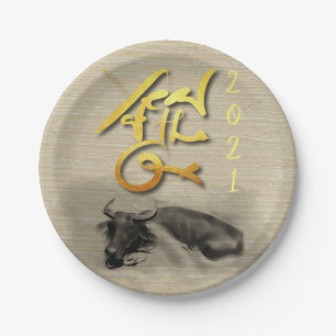 Original Painting Water Buffalo Ox New Year PP Paper Plate