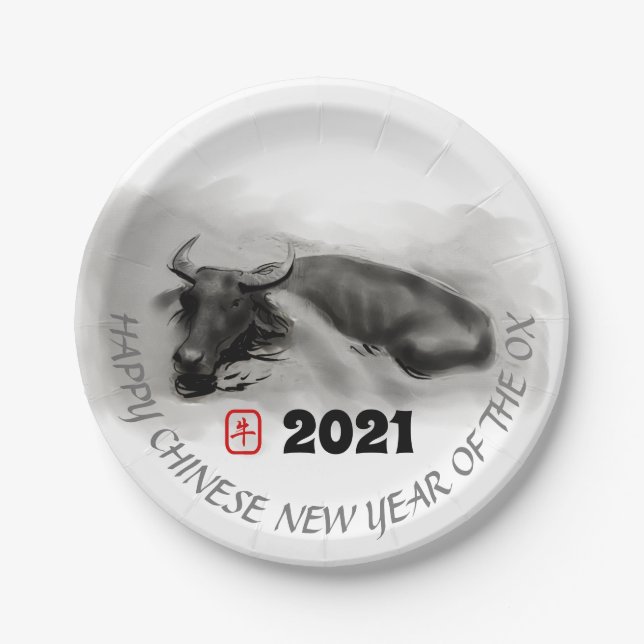 Original Painting Water Buffalo Ox New Year PP Paper Plate (Front)