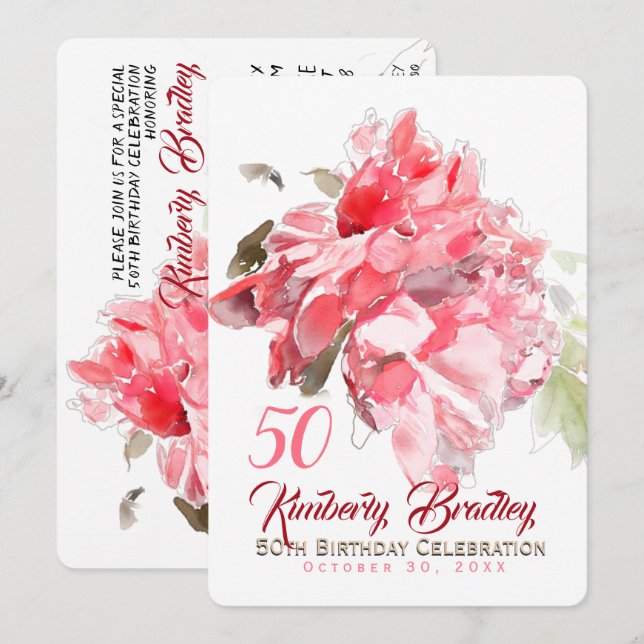 Original Peony watercolors 50th Birthday Party Inv Invitation (Front/Back)