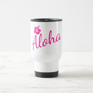 Original pink text design ALOHA and flower Travel Mug