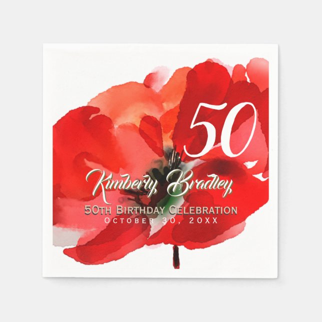 Original Poppy watercolors 50th Birthday Party PN Napkin (Front)