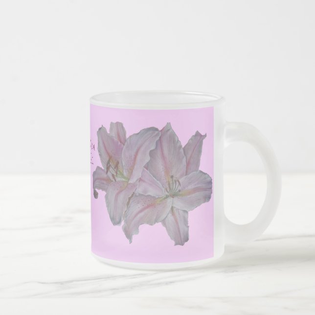 original pretty lillies pink flowers floral frosted glass coffee mug (Right)