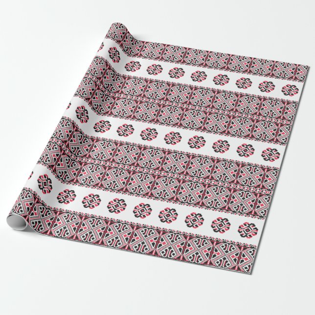 Original Red and Black cross-stitch Pattern Wrapping Paper (Unrolled)