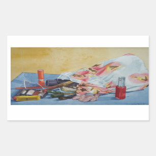 original still life picture of vintage make up bag rectangular sticker