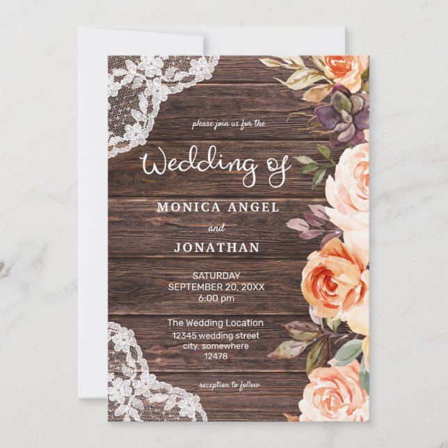 Original style- Wood Lace Blush & Peach Floral Invitation (Front)