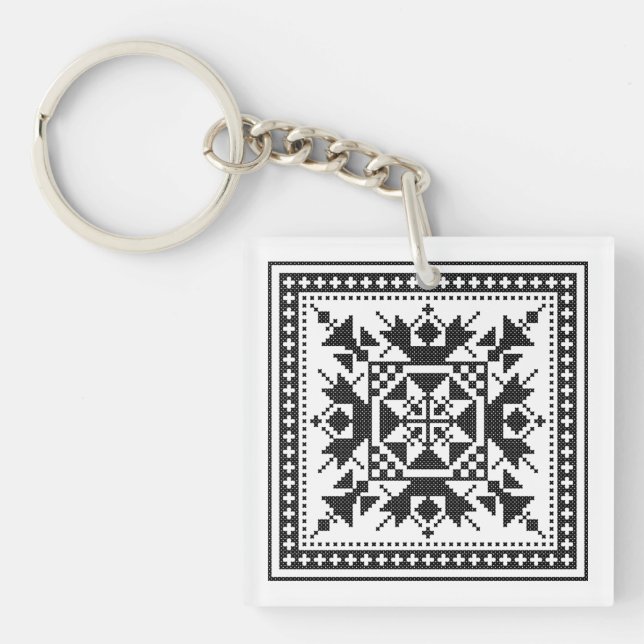 Original traditional ethnic Black cross-stitch Key Ring (Front)