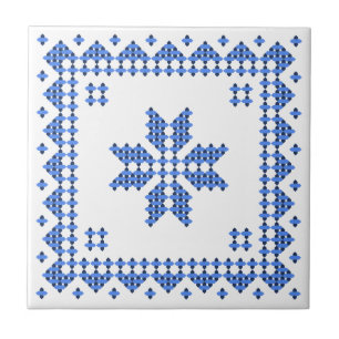 Original traditional ethnic blue cross-stitch tile