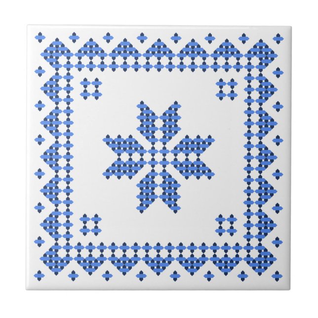 Original traditional ethnic blue cross-stitch tile (Front)