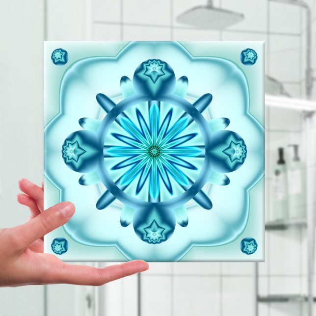 Original Turquoise Blue Fractal Design Tile (Fractal abstract art tile in blue and turquoise with a floral star geometric pattern)