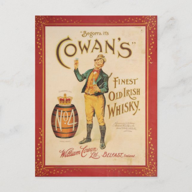 Original vintage Cowan irish whisky poster Postcard (Front)
