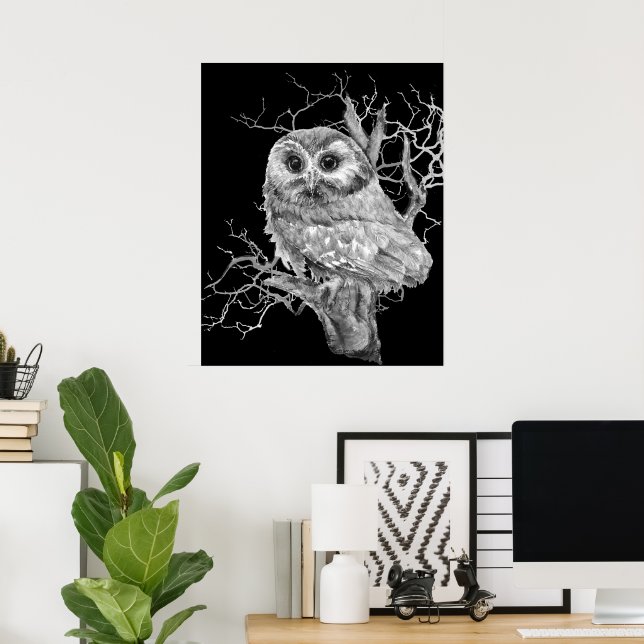 Original Watercolor Baby Owl Bird Art Poster (Home Office)