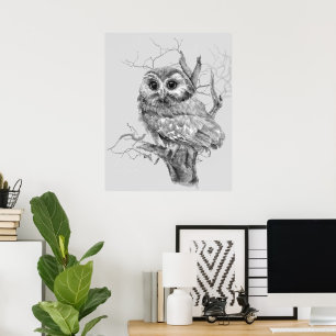 Original Watercolor Baby Owl Bird Art Poster