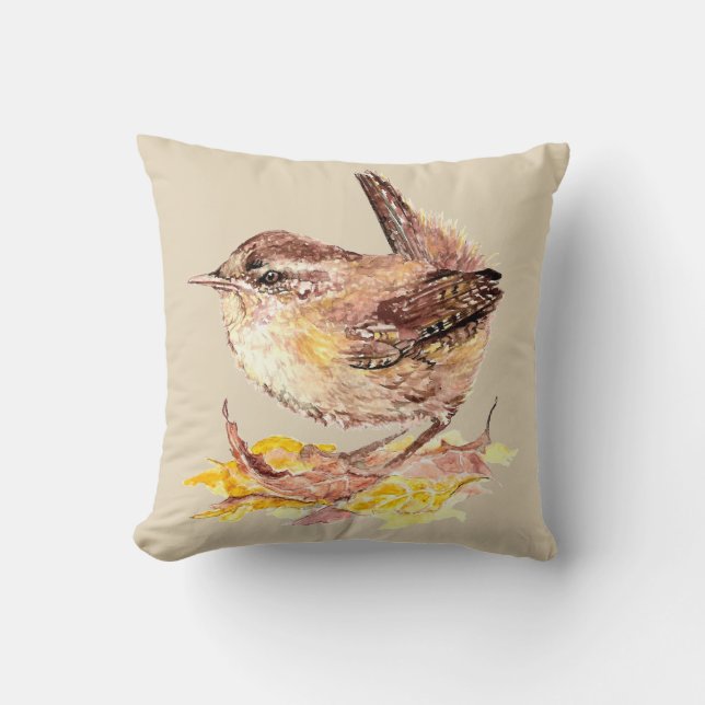 Original Watercolor Bird  Cute House Wren Cushion (Front)