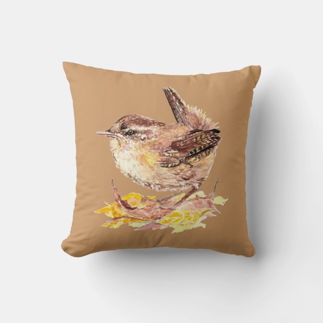 Original Watercolor Bird  Cute House Wren Cushion (Front)