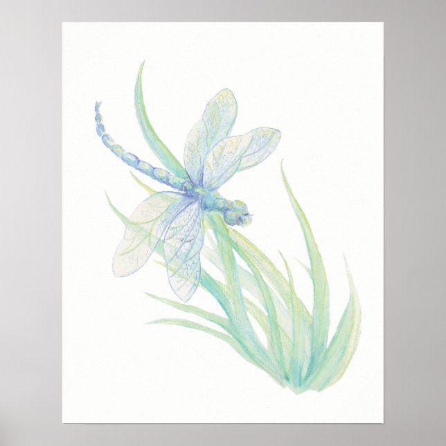 Original watercolor Blue Green Dragonfly Poster (Front)