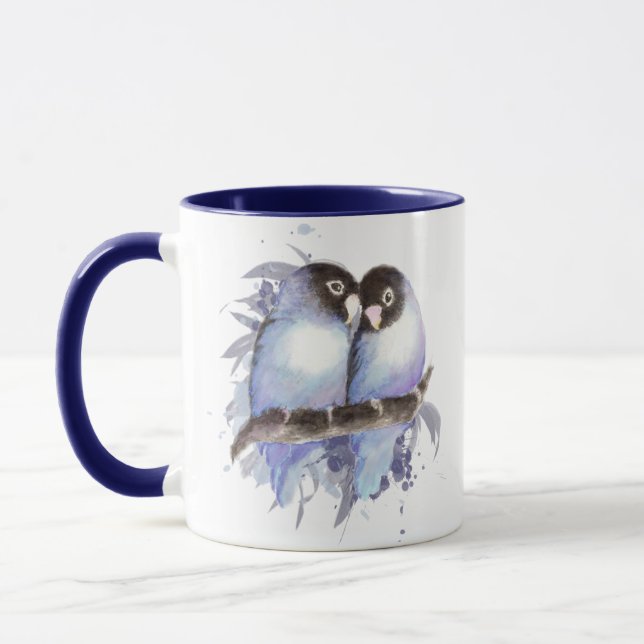 Original Watercolor Blue Lovebirds, Bird Mug (Left)