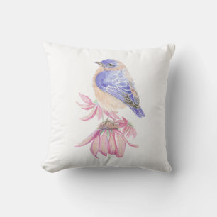 Original Watercolor Bluebird on Echinacea Flower Cushion