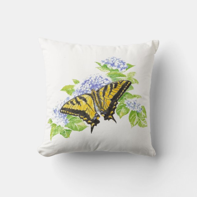 Original Watercolor Butterfly & hydrangea Flower Cushion (Front)
