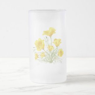 Original Watercolor California Poppy Flower Frosted Glass Beer Mug