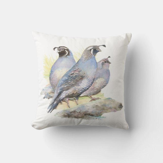 Original Watercolor California Quail Bird Cushion (Front)