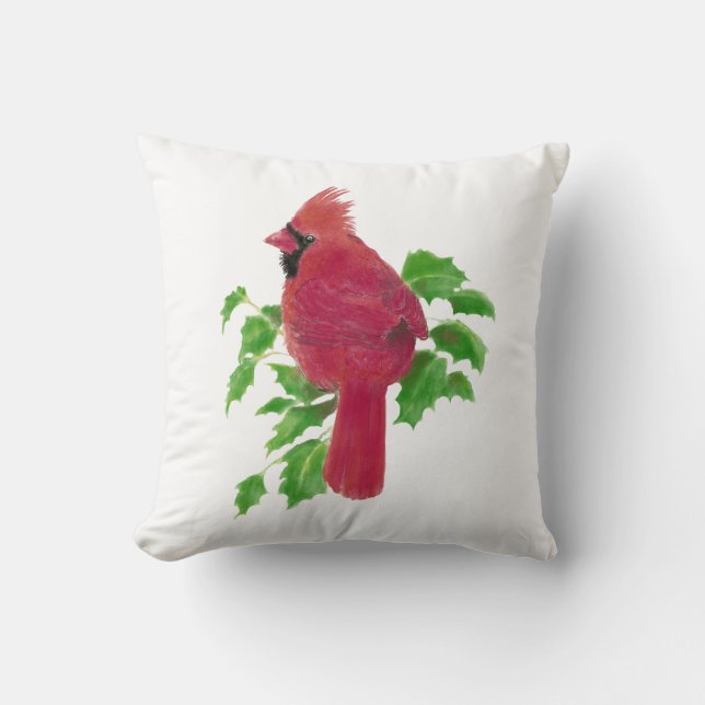 Original Watercolor Cardinal Bird Nature Cushion (Front)